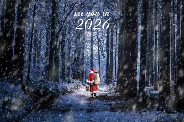 © Photowerkstatt Henrik Matzen – Saisonabschluss-Motiv, jährlich mit aktualisierter Jahreszahl auf weihnachtsmann.pro Weihnachtsmann Claudius von hinten auf verschneitem Waldweg, Sack auf der Schulter, Laterne in der Hand, fallender Schnee